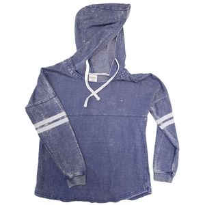 Blue Acid Washed Varsity Stripe Hoodie Pullover (M)